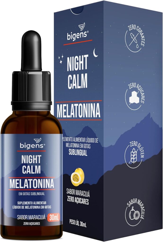 Frasco da Night Calm Melatonina em gotas sublingual sabor maracujá da Biogens